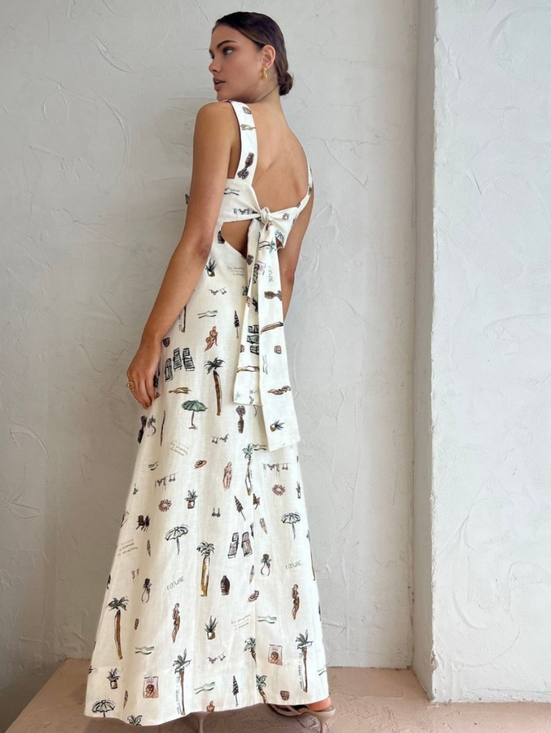 Commense Dresses & Skirts - Commense Cream Tropical Print Linen Maxi Dress